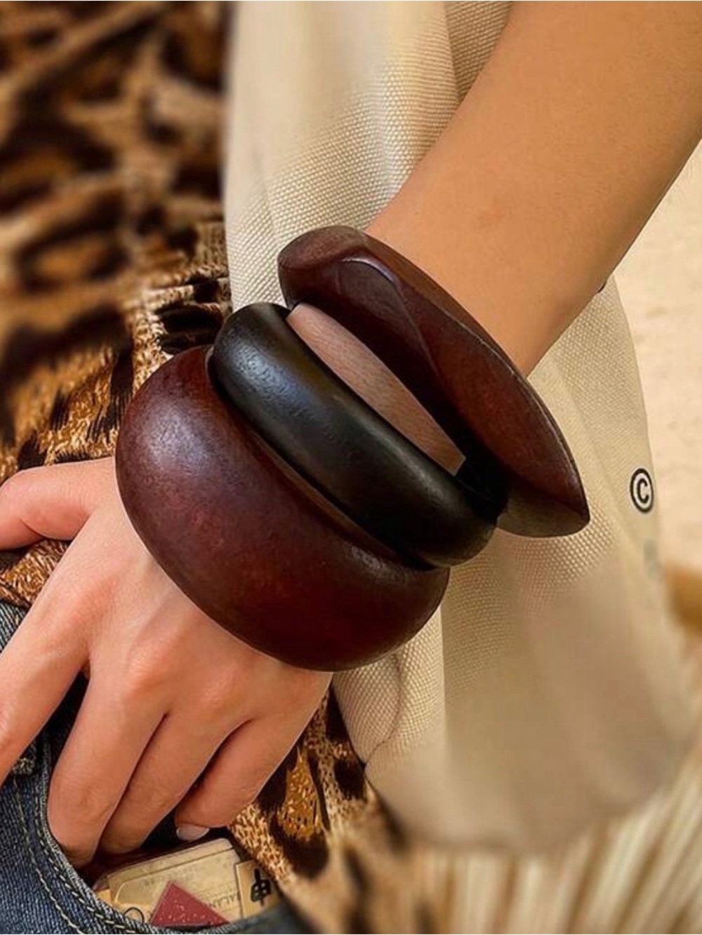 Anthropologie Wooden Bangle Bracelets Set Of 3 Brown Black Statement Boho NWOT